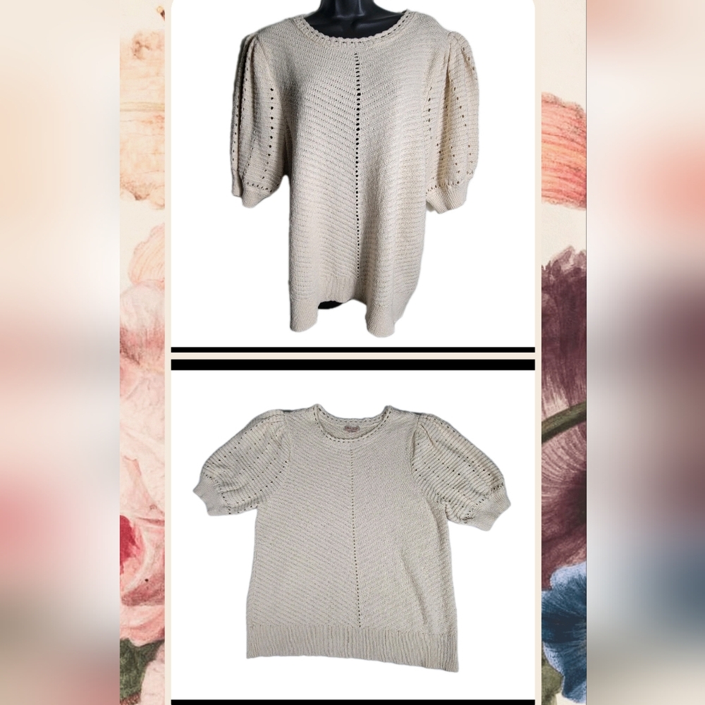 Knox Rose Womens Crochet Puff Sleeve Knit Top Size 1X Cream Cottagrcore Boho EUC